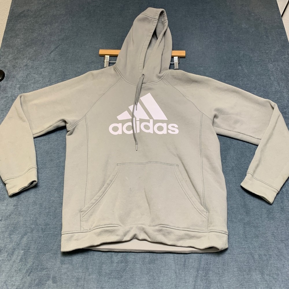 Adidas Hoodie Mens M Gray Kangaroo Pockets Drawstring Raglan Sleeve Winter Warm